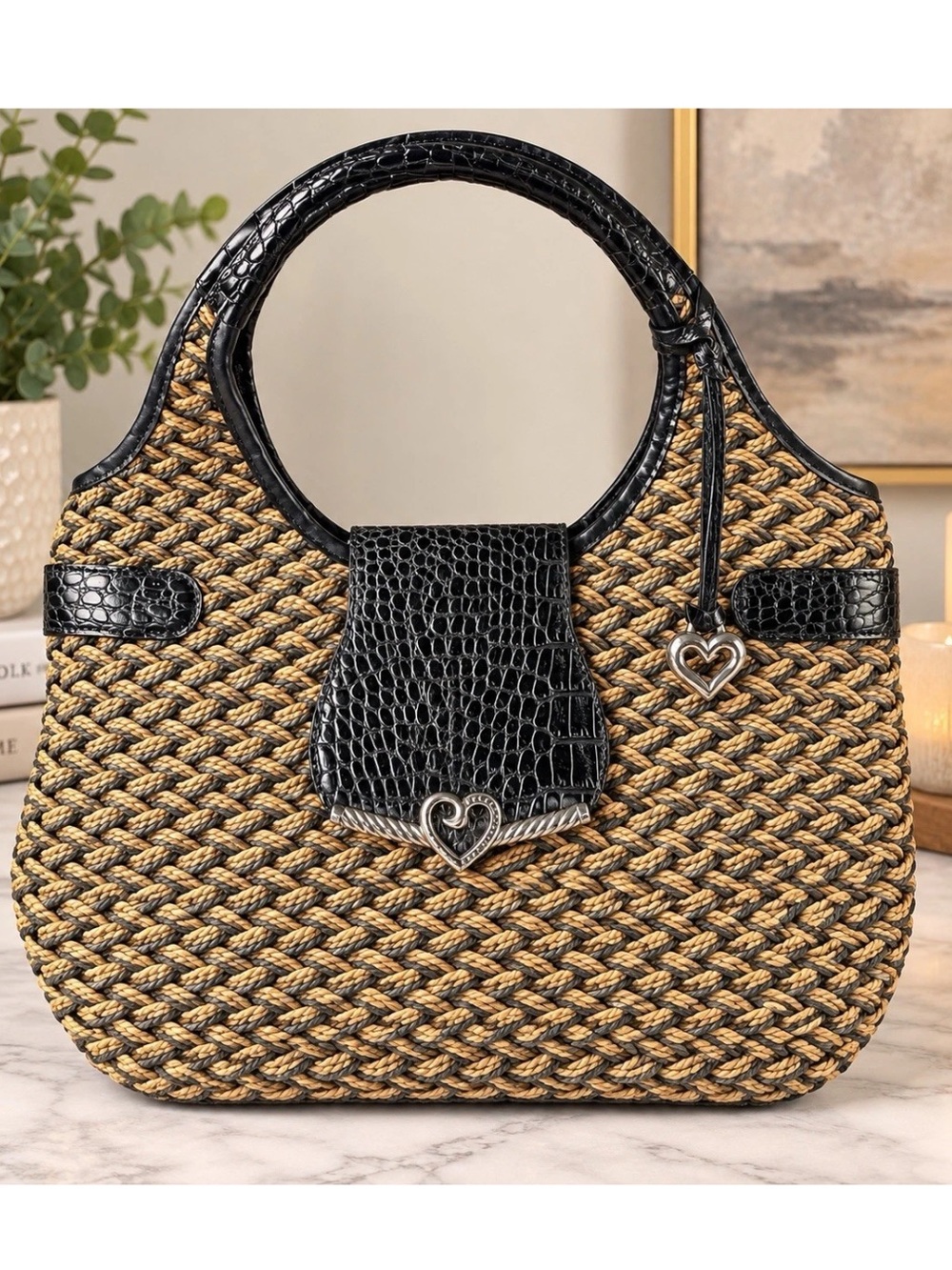 Brighton Vintage Black Tan Woven Straw Hobo Bag Croc Trim Silver Heart Charm